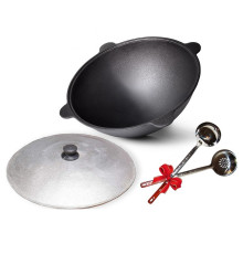 Узбекский казан чугунный 8 литров с алюминиевой крышкой. В комплекте шумовка и половник